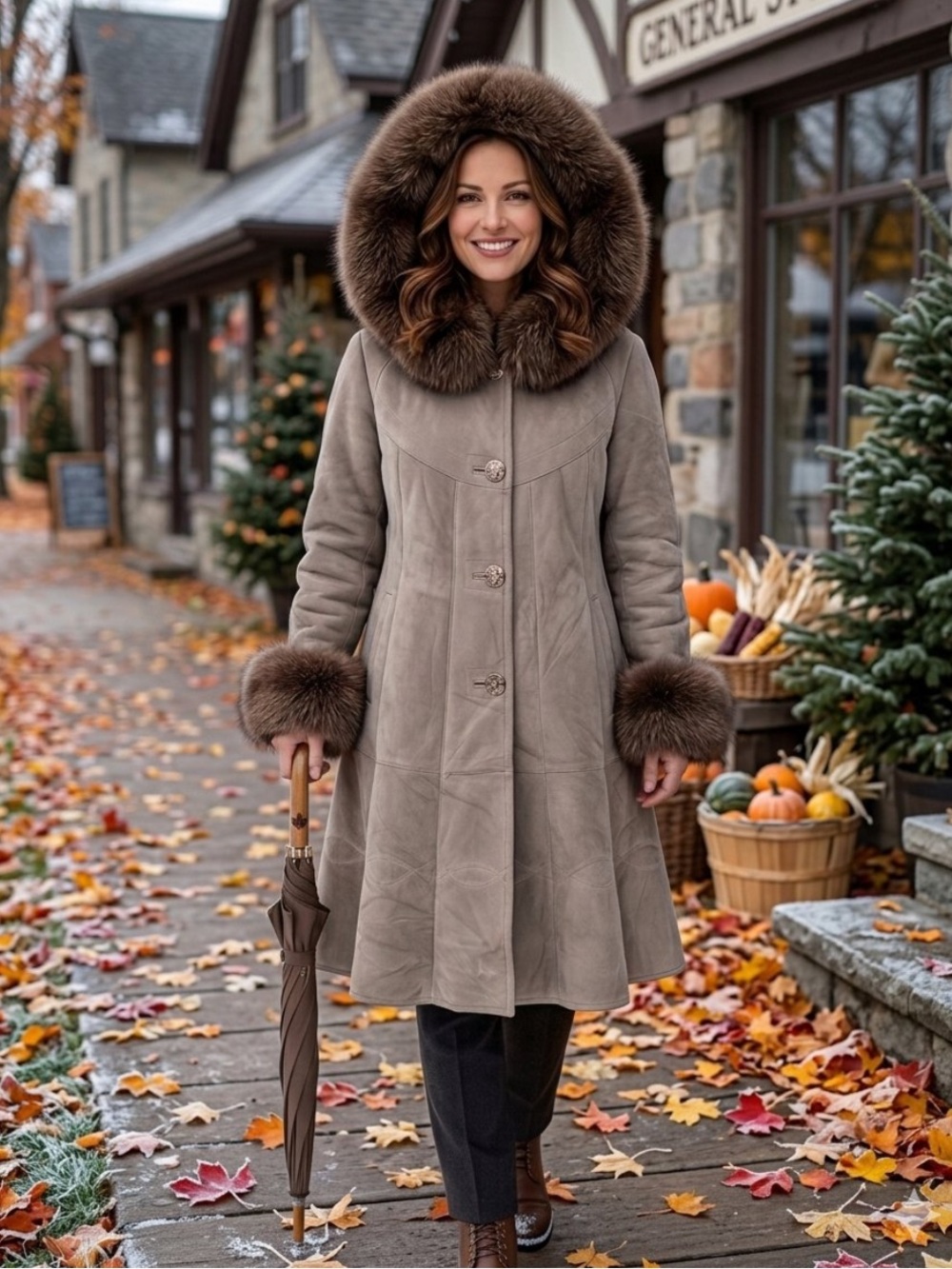 Verismo Suede Leather Fox Fur Trim Hooded A-Line Coat